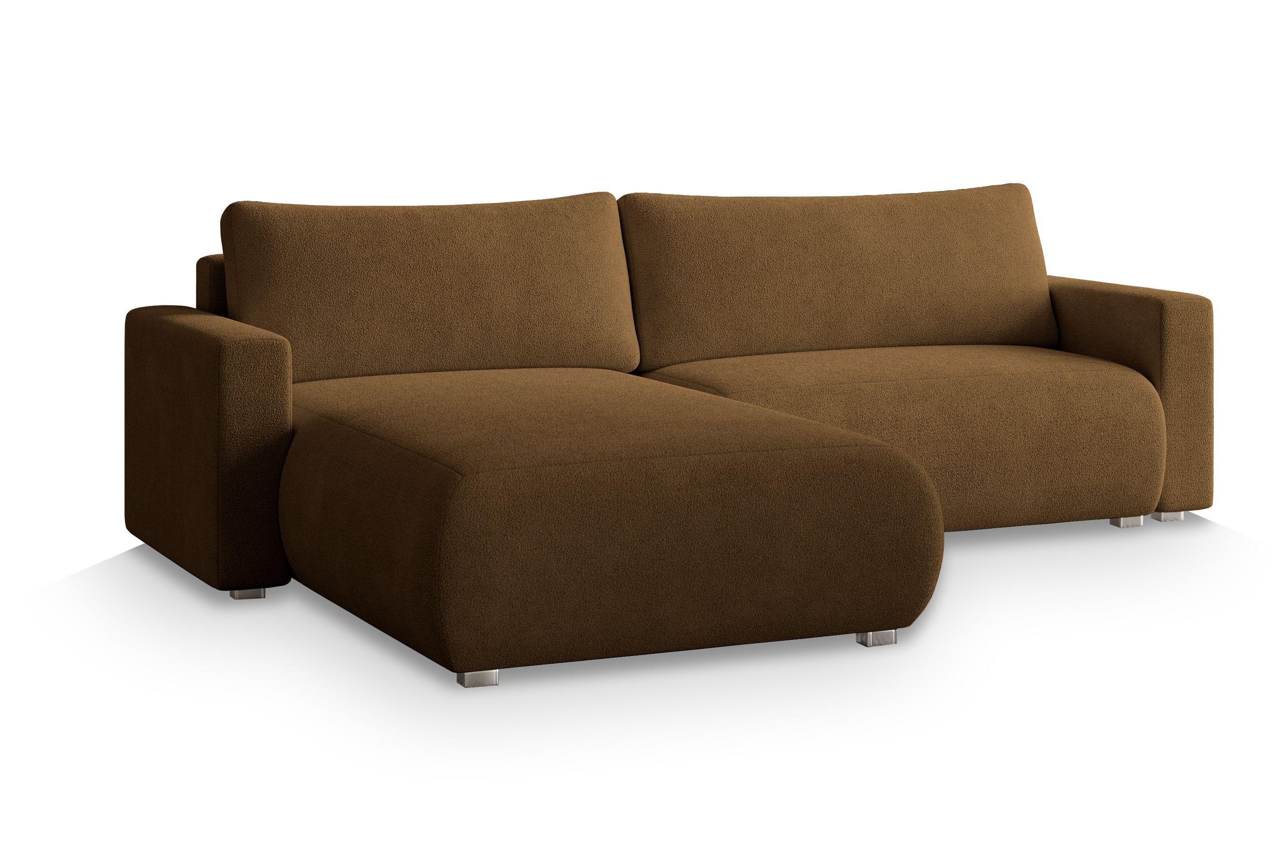 ECKSOFA TURIN N Braun Bucle-Stoff mit Schlaffunktion - Braun/Grau, Holz/Kunststoff (265/183cm) - MASSENO