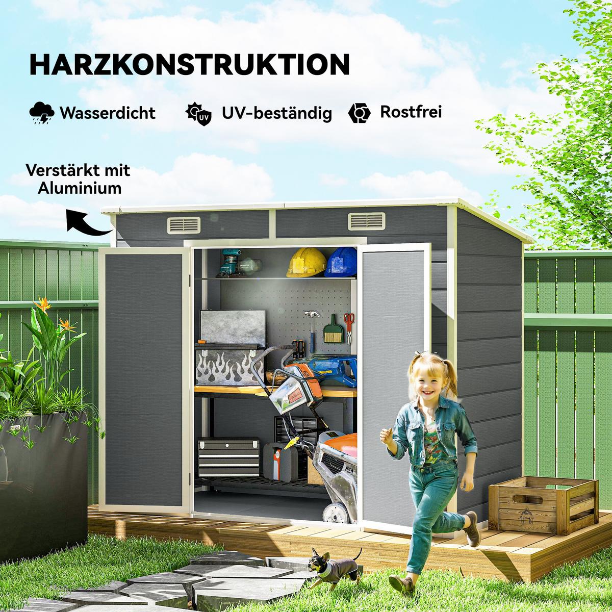 GERÄTEHAUS 2,54m², Wasserdicht Gartenhaus mit Pultdach, 238 x 125 x 183/165 cm - Grau, Kunststoff (125/183/238cm) - Outsunny