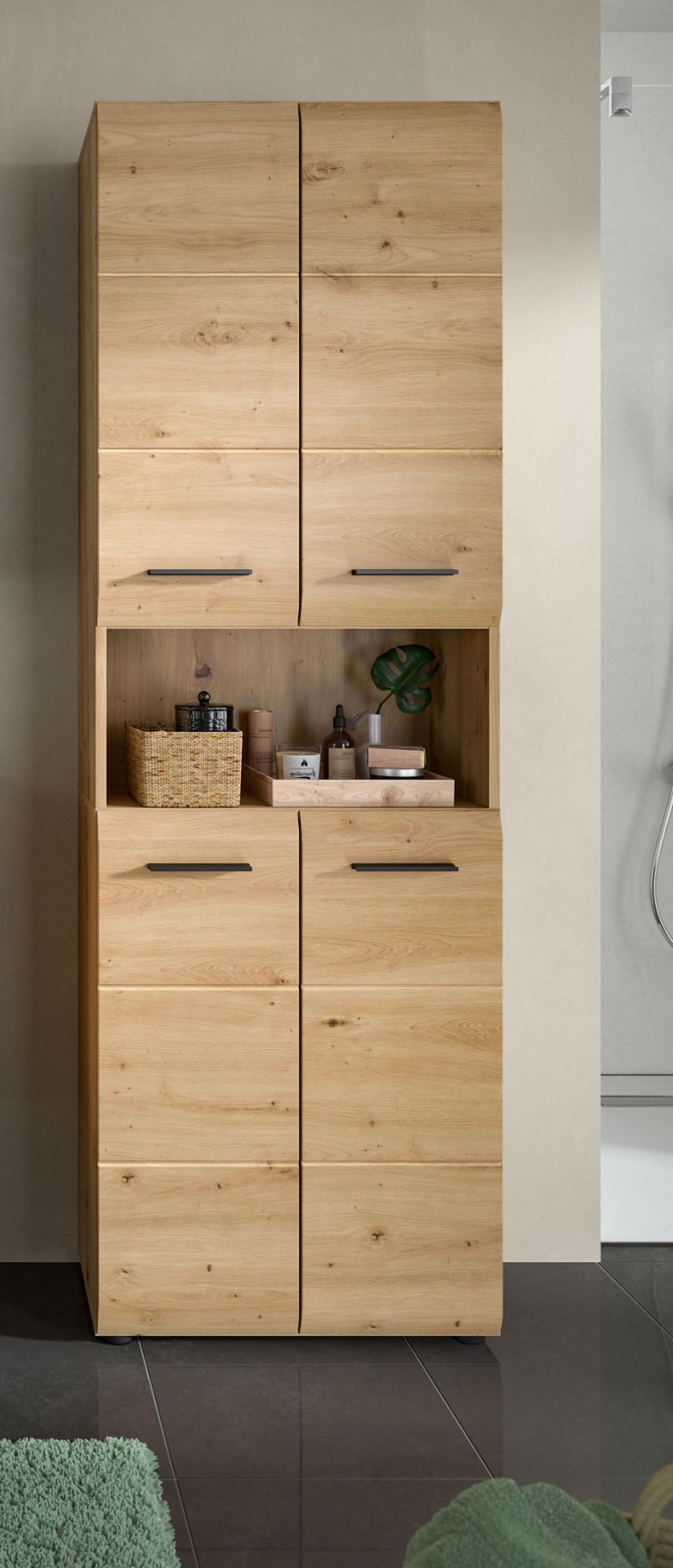 HOCHSCHRANK in Eiche Artisan, Badschrank 4-türig 60 x 185 cm mit viel Stauraum - Schwarz/Eiche Artisan, Holzwerkstoff/Kunststoff (60/185/30cm) - Inn.Furn