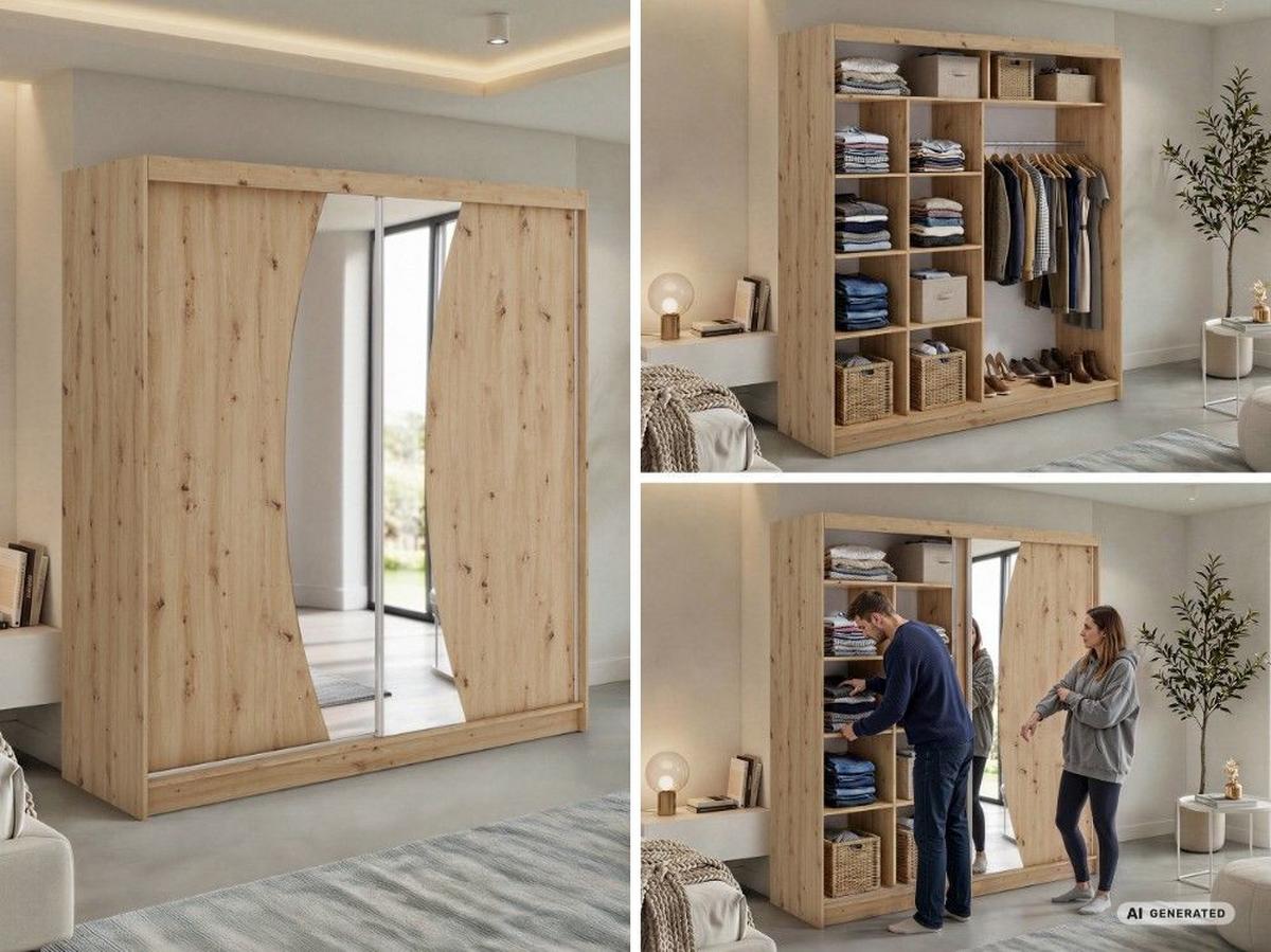 SCHWEBETÜRENSCHRANK 200 - VERONA - Eiche Artisan mit Spiegel - Alufarben/Eiche Artisan, Holzwerkstoff/Metall (200/216/61cm) - MKS
