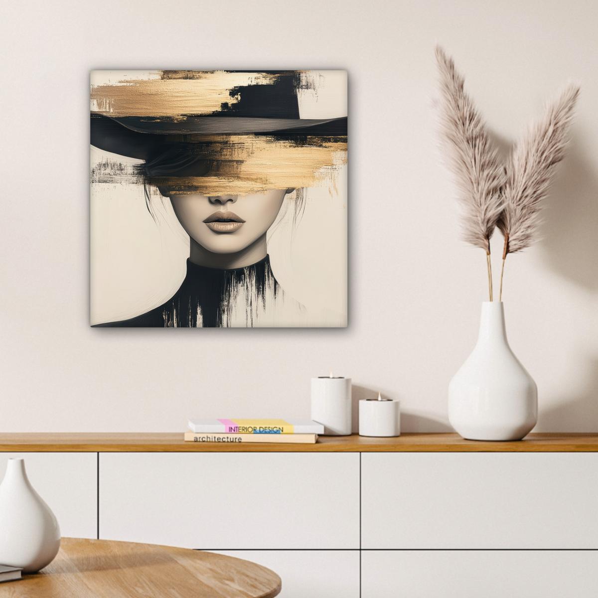 LEINWANDBILD Frau - Hut - Farbe Wandbild Wohnzimmer 50x50 cm - Goldfarben, Textil (50/50cm) - MuchoWow