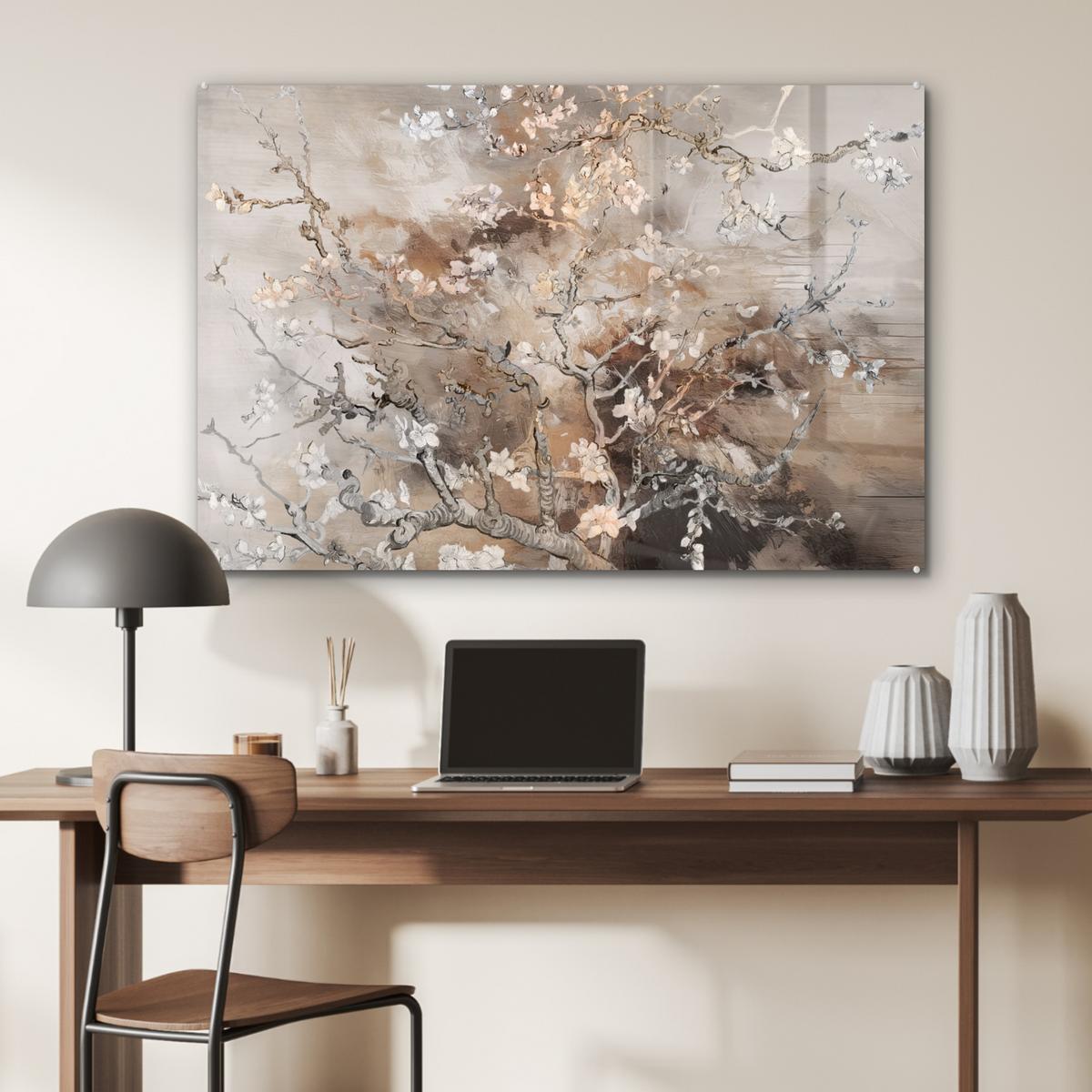 ACRYLGLASBILD Mandelblüte - Kunst - Van Gogh - Beige - Abstrakt Wandbild Schlafzimmer 120x80 cm - Braun, Glas (120/80cm) - MuchoWow