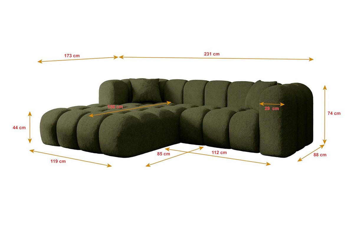 ECKSOFA Ottomane Links OLEA-L1 - 231x173x74 cm Grün - Platinfarben/Schwarz, Holzwerkstoff/Kunststoff (190/242cm) - ALTDECOR