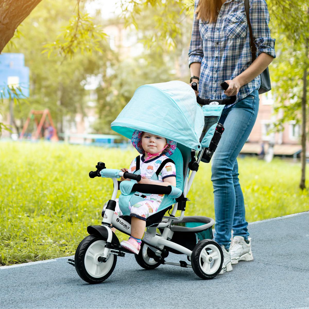 6-IN-1 Dreirad mit Schubstange, Kinderdreirad mit abnehmbarem Sonnendach Grün - Grün, Metall (102/49/102cm) - HOMCOM