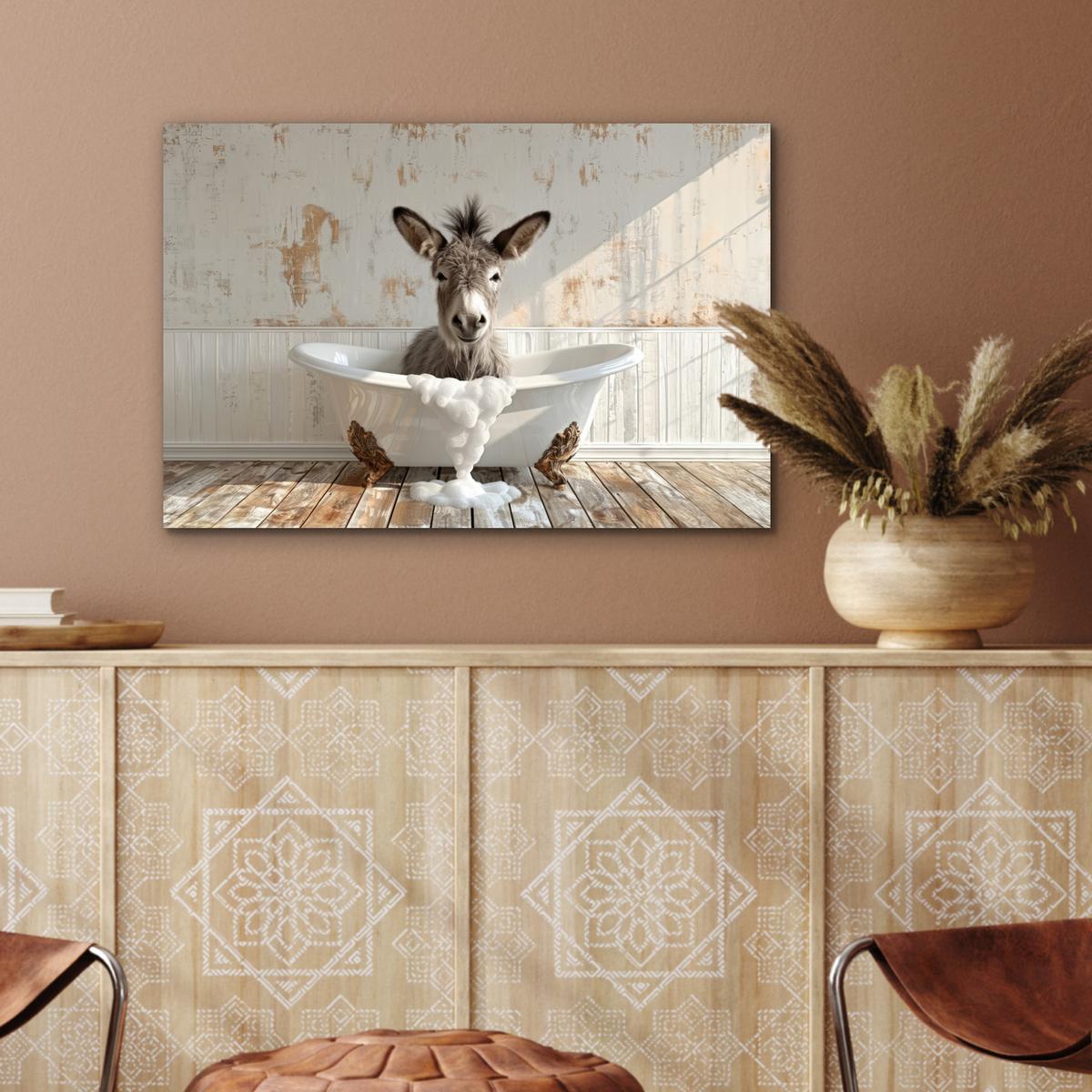 METALLBILD Esel - Tiere - Badewanne - Schaumstoff Wandbild 60x40 cm - Weiß, Metall (60/40cm) - MuchoWow