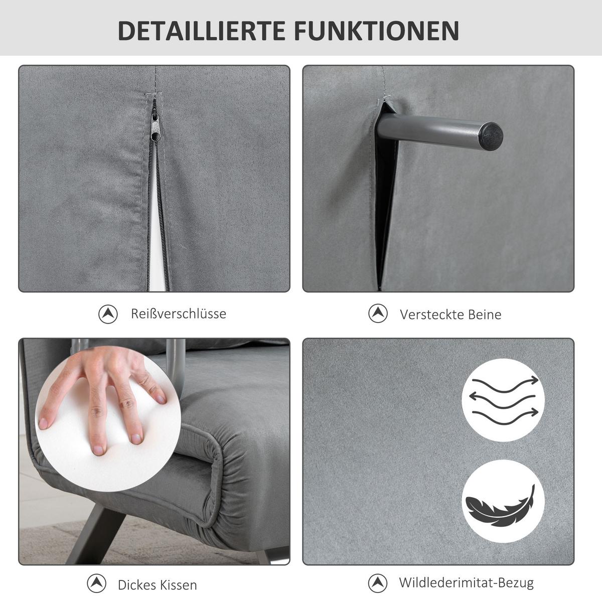 SCHLAFSOFA Zweisitzer mit Bettfunktion, Einzelbett mit Kissen, Samt, Hellgrau - Silberfarben/Hellgrau, Textil/Metall (80/78/111cm) - HOMCOM