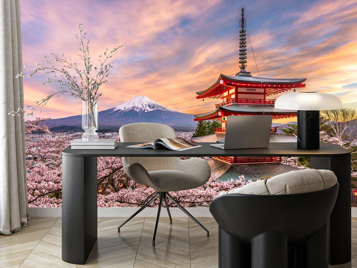 FOTOTAPETE für Wohnzimmer Japanische Pagode Frühling Sonnenuntergang 300x210 - Rot/Violett, Papier (300/210cm) - Muralo