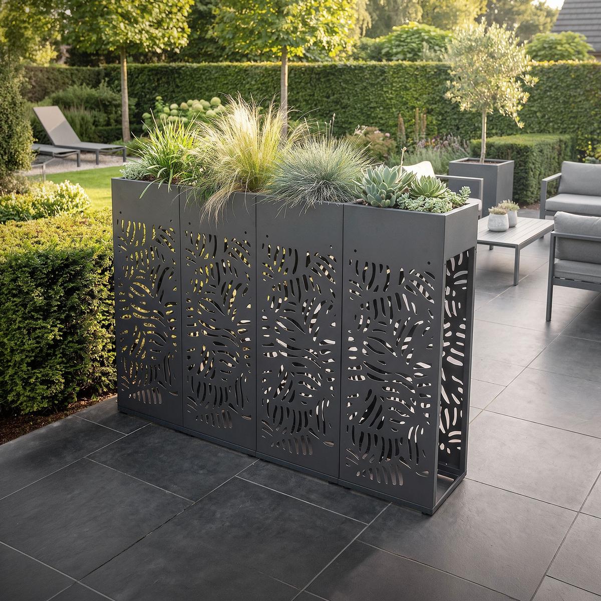 KAMINHOLZREGAL Innen Außen Metall Brennholzregal mit Pflanzkasten Stahl Verzinkt Anthrazit 30x30x111 cm Blätter-Motiv - Anthrazit, Metall (30/111/30cm) - ML-DESIGN