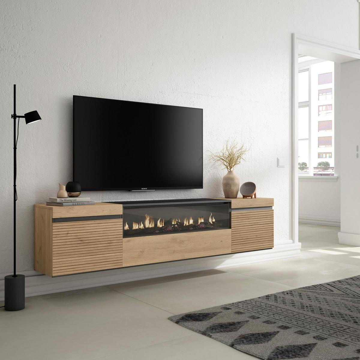 LOWBOARD Eiche, mit Elektrokamin, Hängend, 200/35/45cm - Eichefarben, Holzwerkstoff (200/45/35cm) - Skraut Home