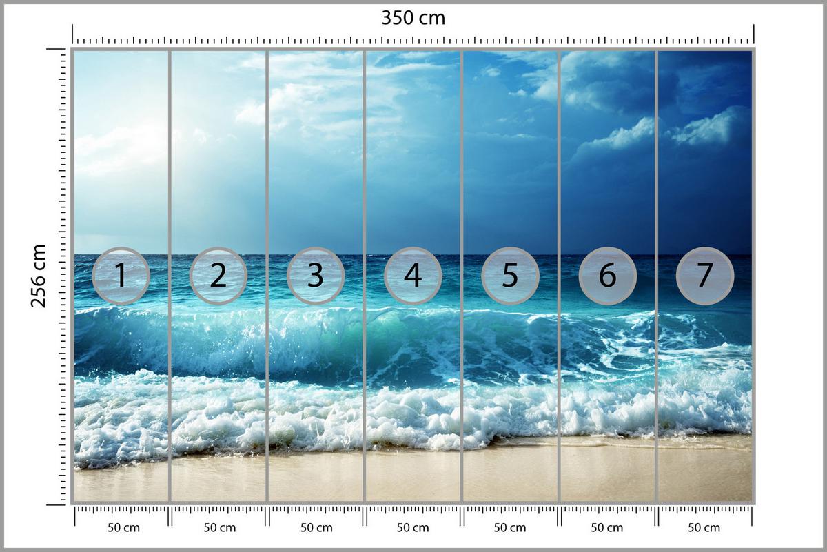 FOTOTAPETE Meer Wellen Strand Landschaft 3D 350x256 - Blau/Beige, Papier (350/256cm) - Muralo