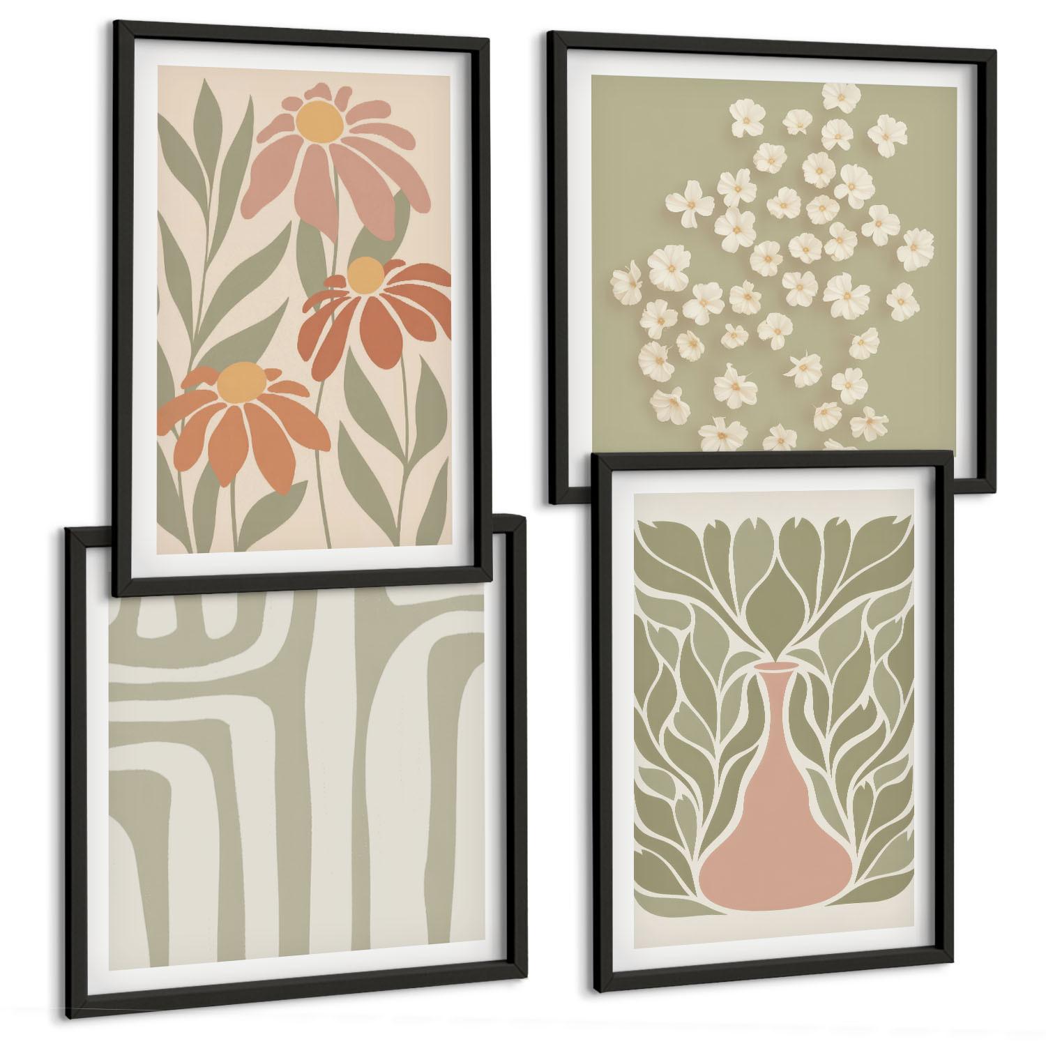 BILDER SET 4er Set - 50x50 cm & 40x60 cm Schwarzer Rahmen - Floraler minimalistischer Boho-Stil - Schwarz, Kunststoff (50/50cm) - TULUP