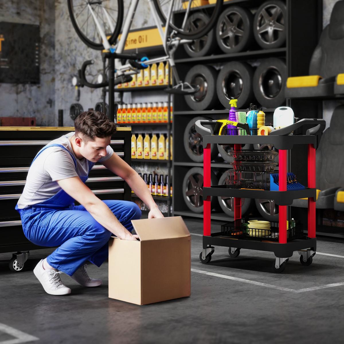 WERKSTATT-ROLLWAGEN mit 3 Ebenen Werkstattwagen mit Griff für Garage Schwarz - Schwarz, Kunststoff (43/96/81cm) - HOMCOM