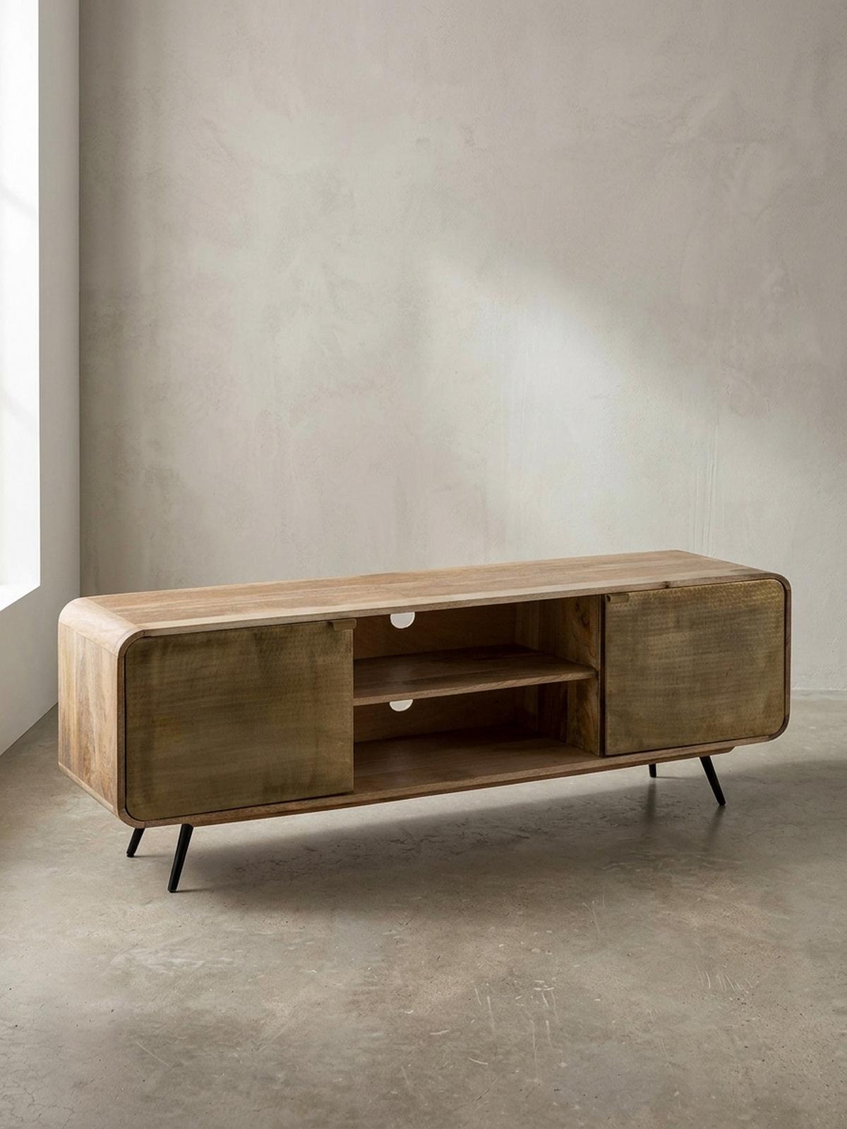 LOWBOARD Mango Massivholz Modern Stil 160x55x41 cm mit punzierten Türen - Schwarz/Braun, Holz/Metall (160/55/41cm) - KADIMA DESIGN