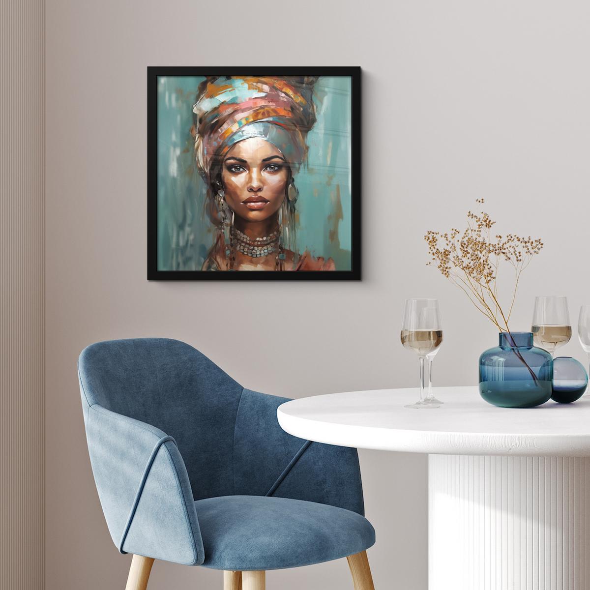 POSTER MIT RAHMENGERAHMTES BILD Frau - Kunst - Schmuck - Porträt 40x40 cm - Blaugrau, Papier (40/40cm) - MuchoWow