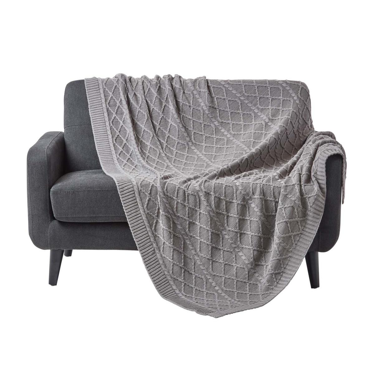 STRICKDECKE 130/170 cm, Baumwolle mit Rautenmuster - Grau, Textil (130/170cm) - Homescapes
