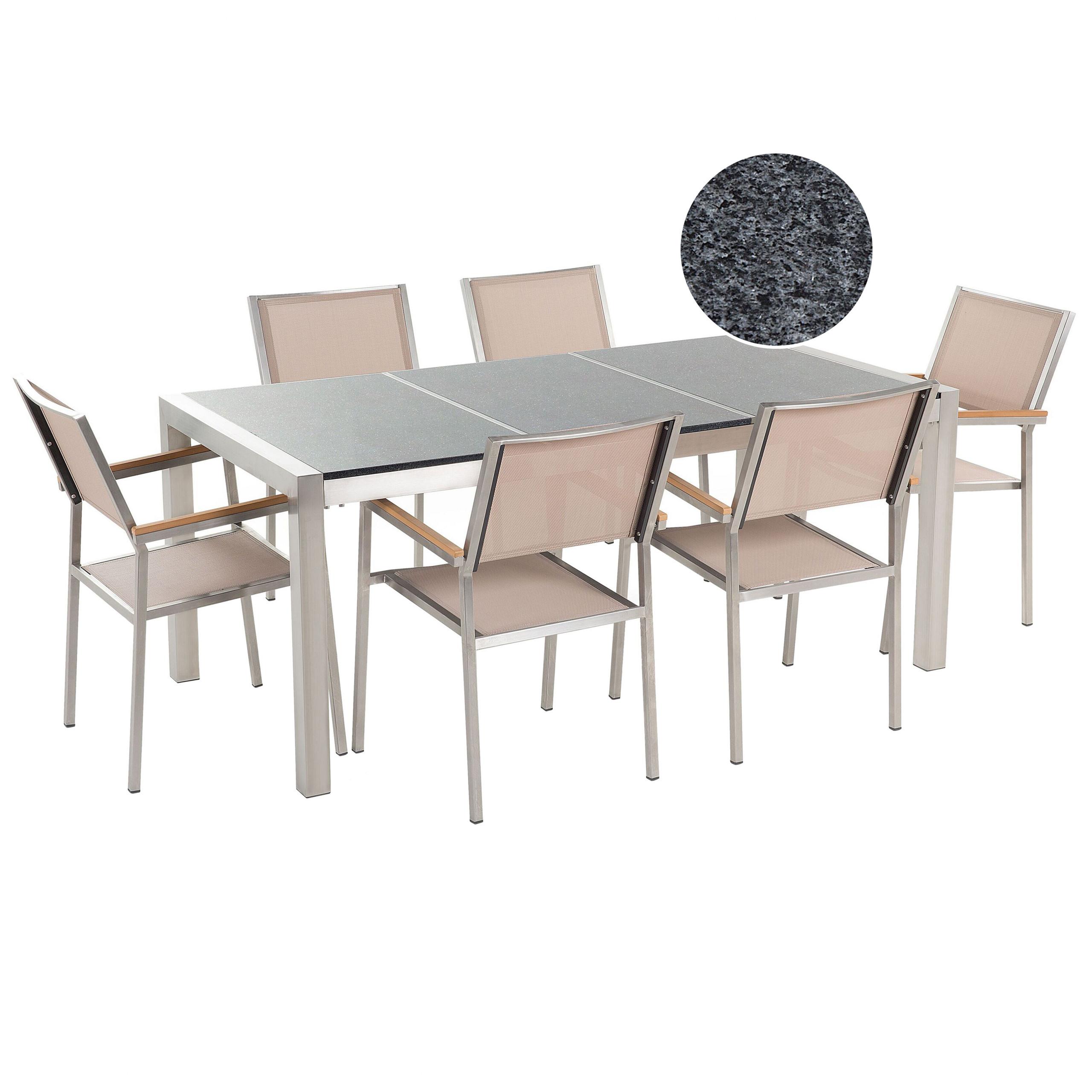 GARTENMÖBEL SET 6-Sitzer Granit Grau poliert Textilbespannung Beige Grosseto - Beige/Silberfarben, Metall - Beliani