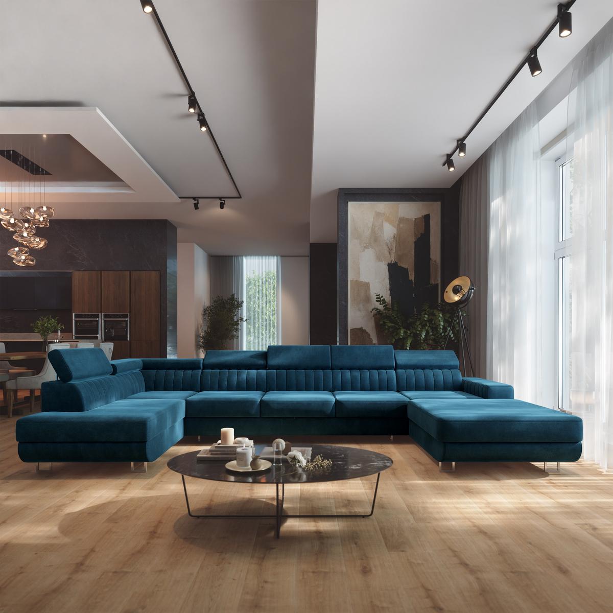 WOHNLANDSCHAFT GAIAN Blau Velours-Stoff mit Schlaffunktion - Blau, Holz (412/88/190cm) - MASSENO