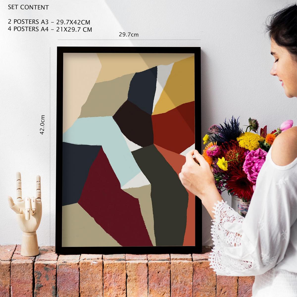 POSTER Set Mit 6 Farbige Kanten In Form Abstracts Ästhetische Dekorative Gemälde Für Ihr Wohnzimmer Zuhause A3 & A4 Rahmen Aus Hellem Holz - Beige, Papier (29/3cm) - Nacnic