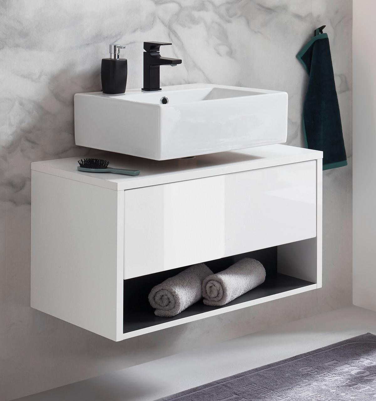 WASCHBECKENUNTERSCHRANK weiß Hochglanz, grau 80 cm hängend - Weiß Hochglanz/Grau, Holzwerkstoff/Metall (80/44/46cm) - Furn.Design
