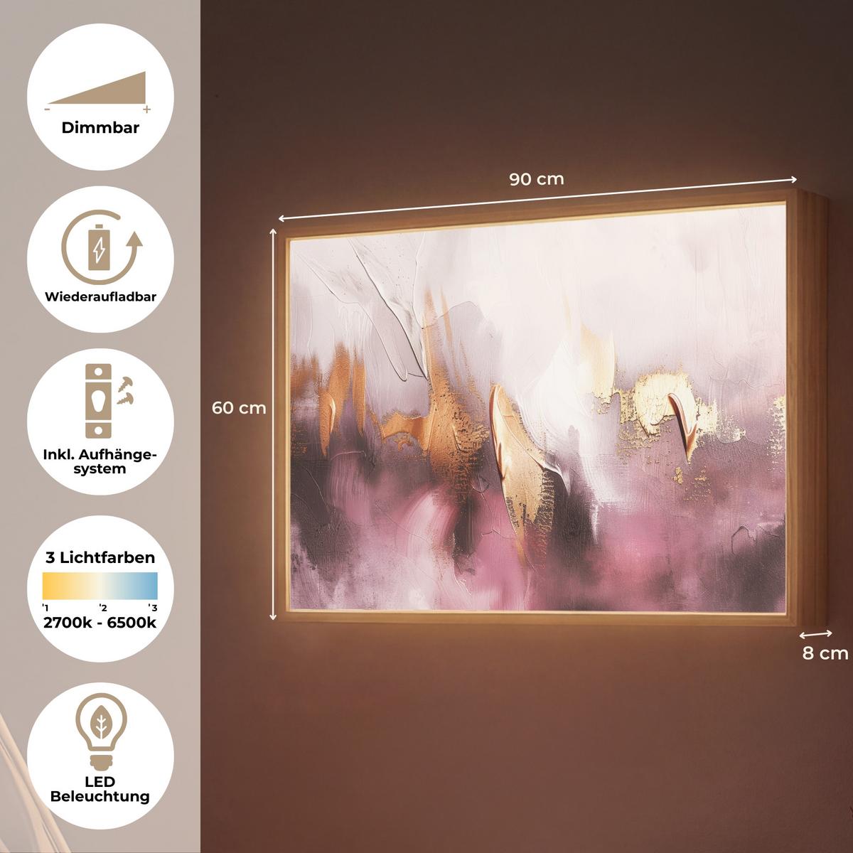WANDLEUCHTE MIT AKKU Lila - Abstrakt - Farbe - Gold 90x60 cm - Mauve, Holzwerkstoff (90/60/8cm) - OnlyWow