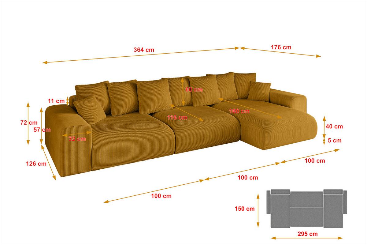 ECKSOFA Ottomane rechts ESKAR-L2 364x176x72 Currygelb Cord - Currygelb/Schwarz, Holzwerkstoff/Kunststoff (176/364cm) - ALTDECOR