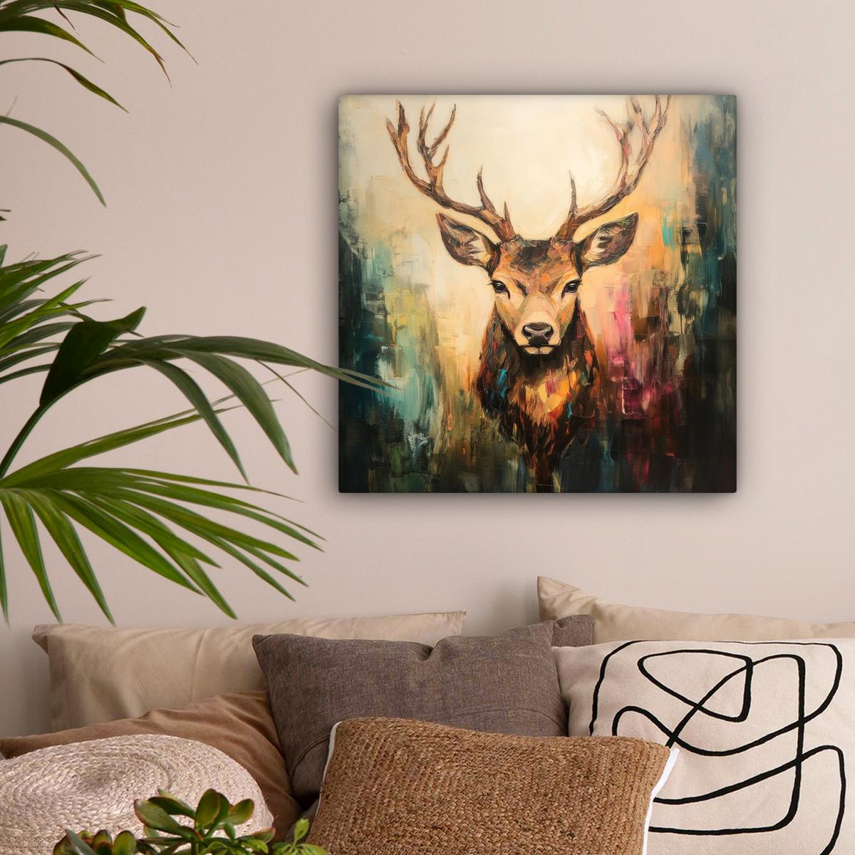 LEINWANDBILD Hirsch - Gemalt - Geweih - Braun Wandbild Wohnzimmer 50x50 cm - Haselnussfarben, Textil (50/50cm) - MuchoWow