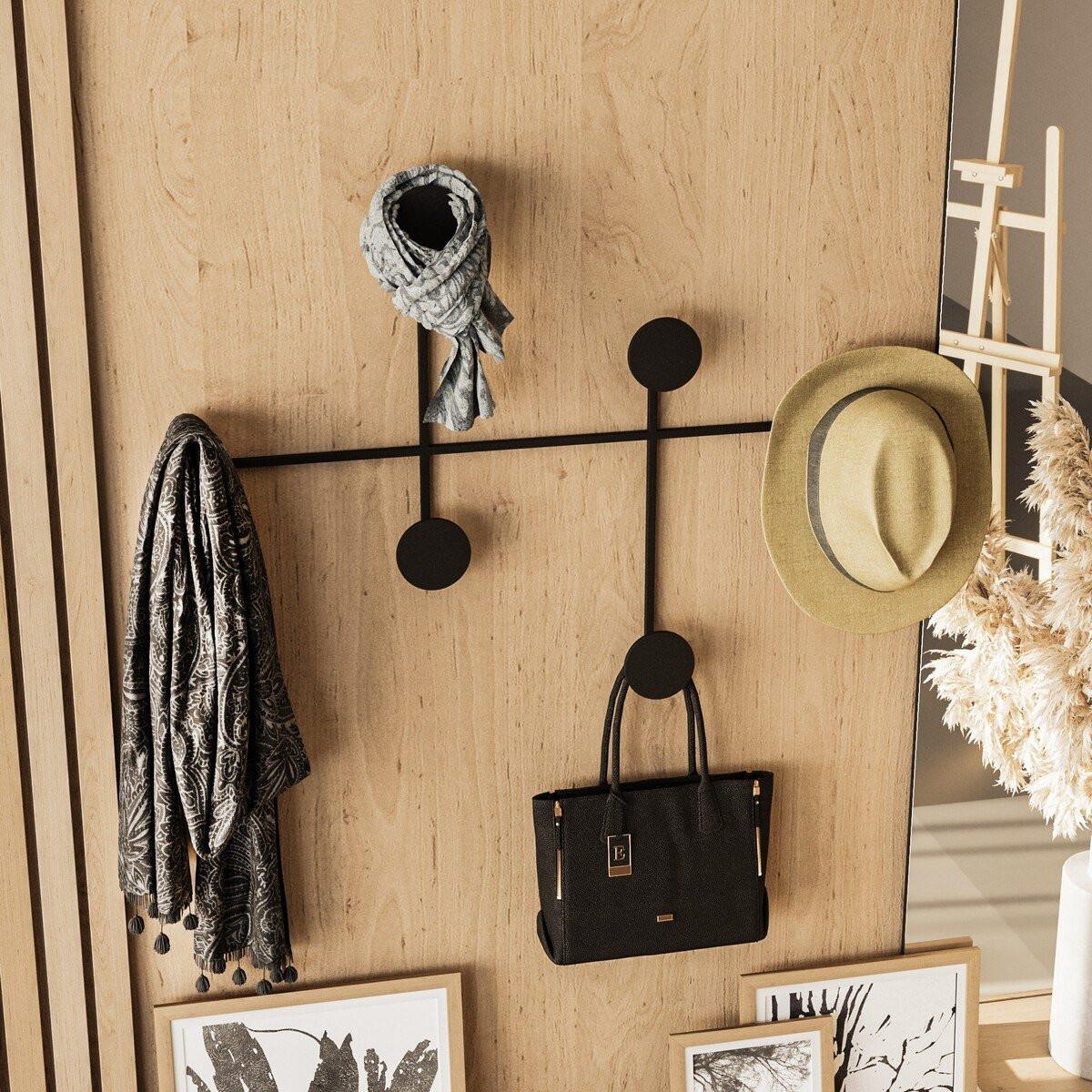 WANDGARDEROBE mit 6 Haken aus schwarzem Metall 82/10/60 cm - Schwarz, Metall (10/60/82cm) - Calicosy