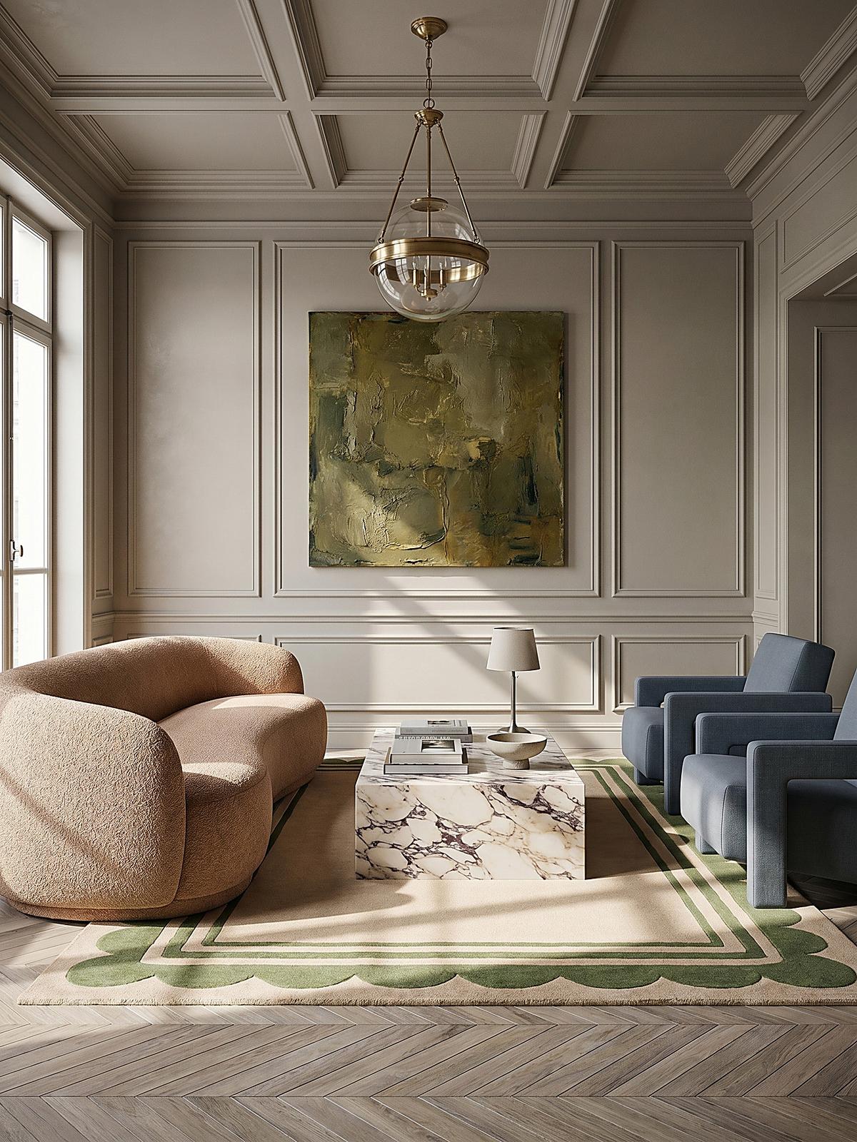 WOLLTEPPICH WENSUM, mit grafischem Muster mit Rahmen, Grün-Beige, 120 x 170 cm - Grün, Textil (170/120cm) - KADIMA DESIGN