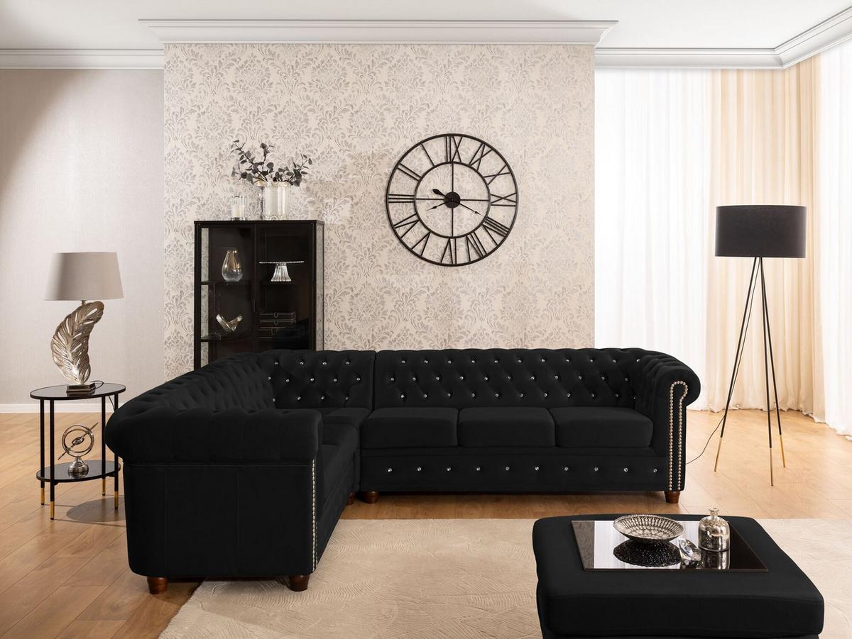 ECKSOFA Chesterfield Cleo Blink Schwarz Samt mit Kristallsteppung und braunen Massivholzfüßen - Ottomane Links - Schwarz/Braun, Holz/Textil (264/210cm) - S-Style Möbel