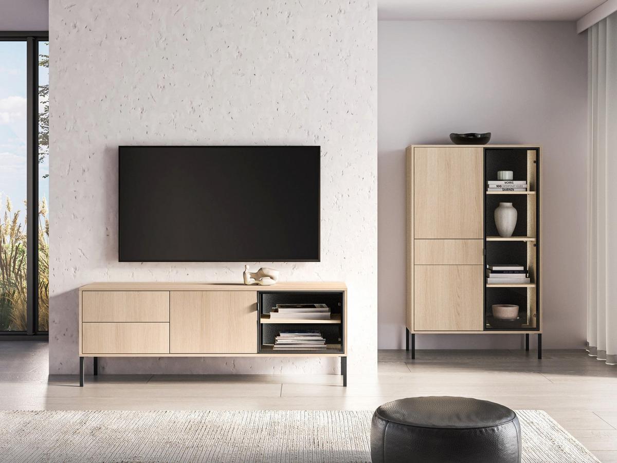 VITRINE Barnee 3-türig Eichenoptik, 92 cm - Beige/Schwarz, Holzwerkstoff/Metall (150/91.6/40cm) - Selsey