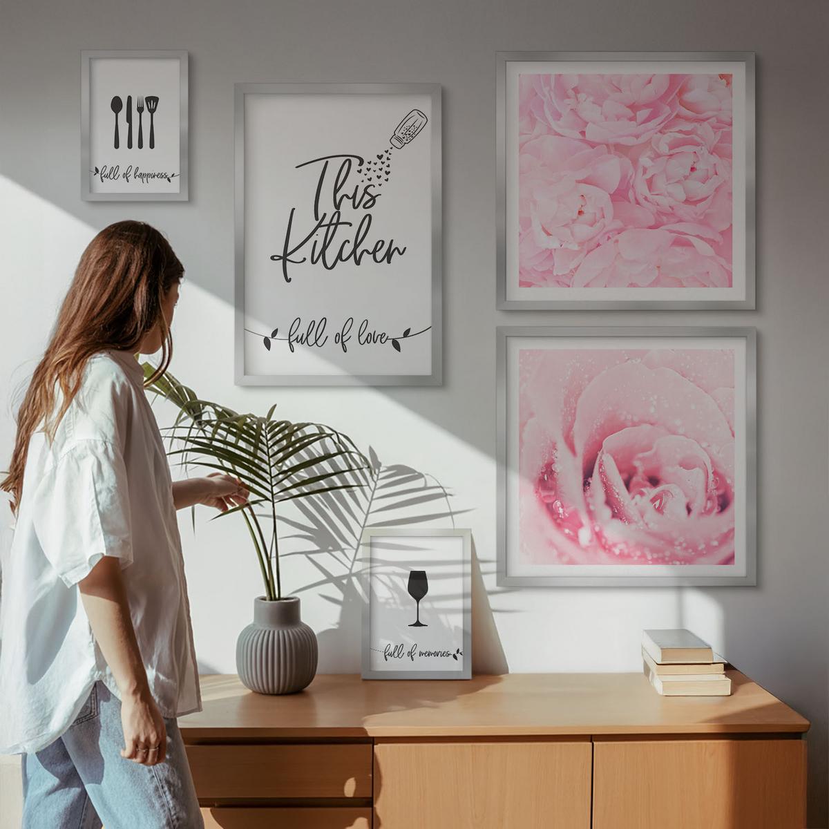 BILDER SET 5er Set - 50x50 cm & 20x30 cm & 40x60 cm Silberner Rahmen - Zen-Gemälde, Wassersteine, Buddha - Silberfarben, Kunststoff (40/60cm) - TULUP