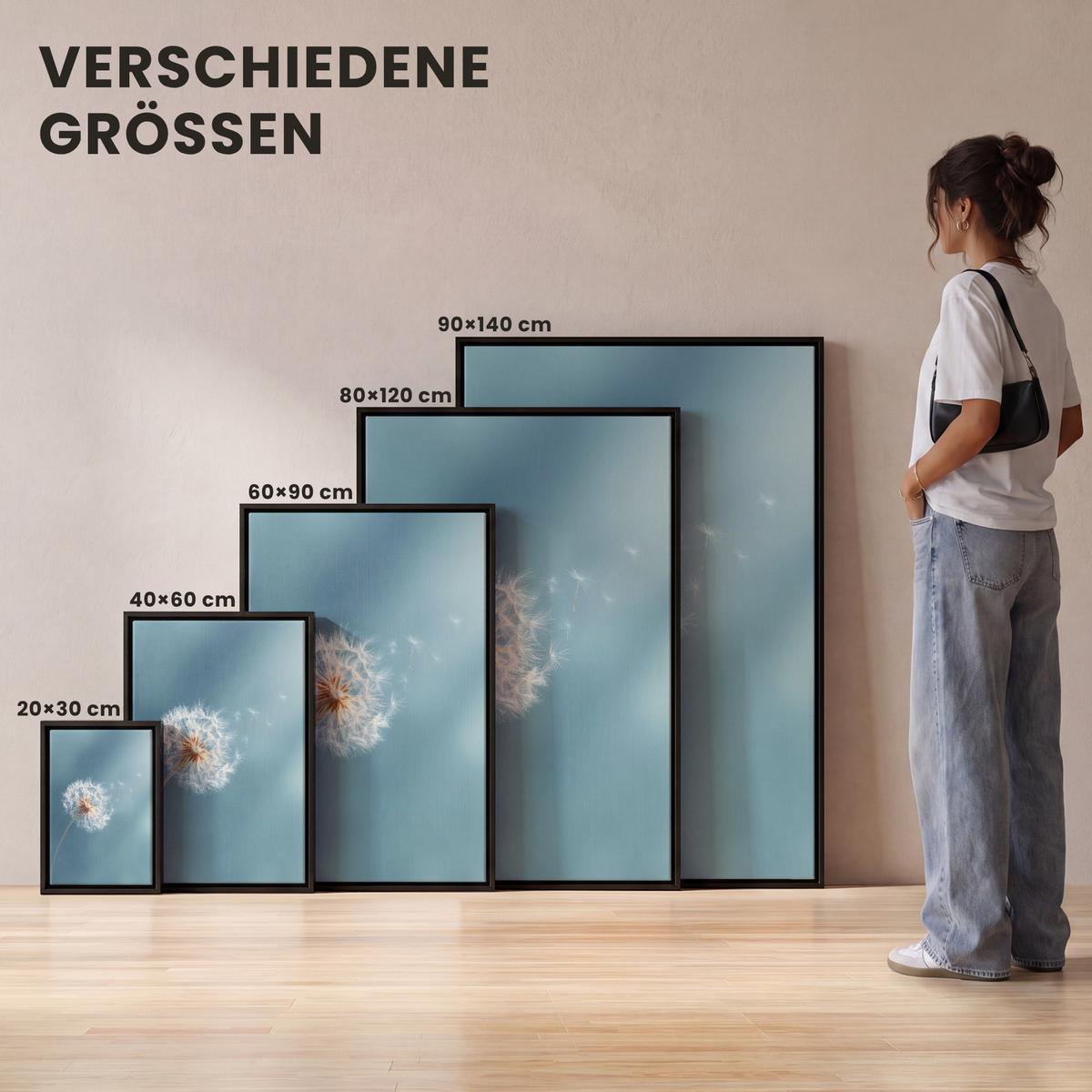 LEINWAND Bilder mit Rahmen - Löwenzahn - Wind - Blau - 60x90 - Blaugrau, Textil (60/90cm) - MuchoWow