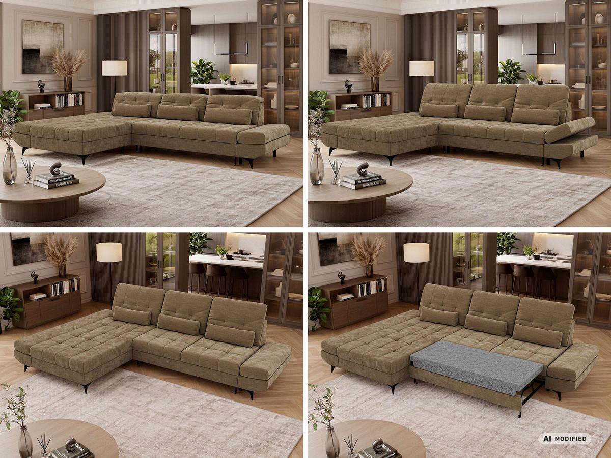 ECKSOFA ALVENO L - Hellbraun Schenille glatt - Links Seite - Hellbraun/Schwarz, Textil/Metall (218/344cm) - MKS