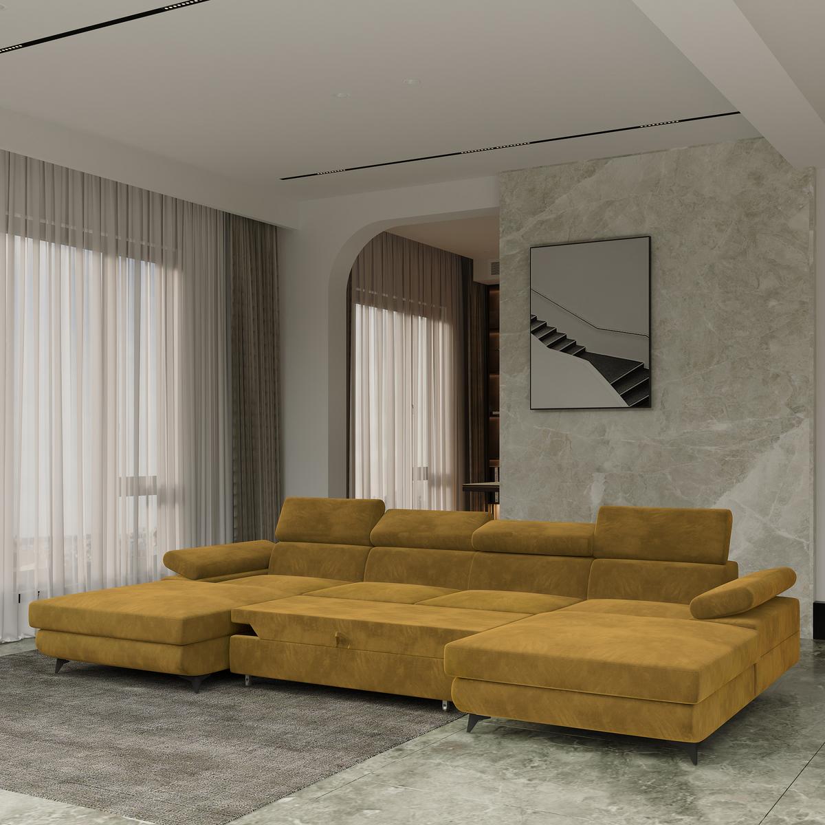 WOHNLANDSCHAFT DETTI Gelb Velours-Stoff mit Schlaffunktion - Gelb, Holz (339/89/190cm) - MASSENO