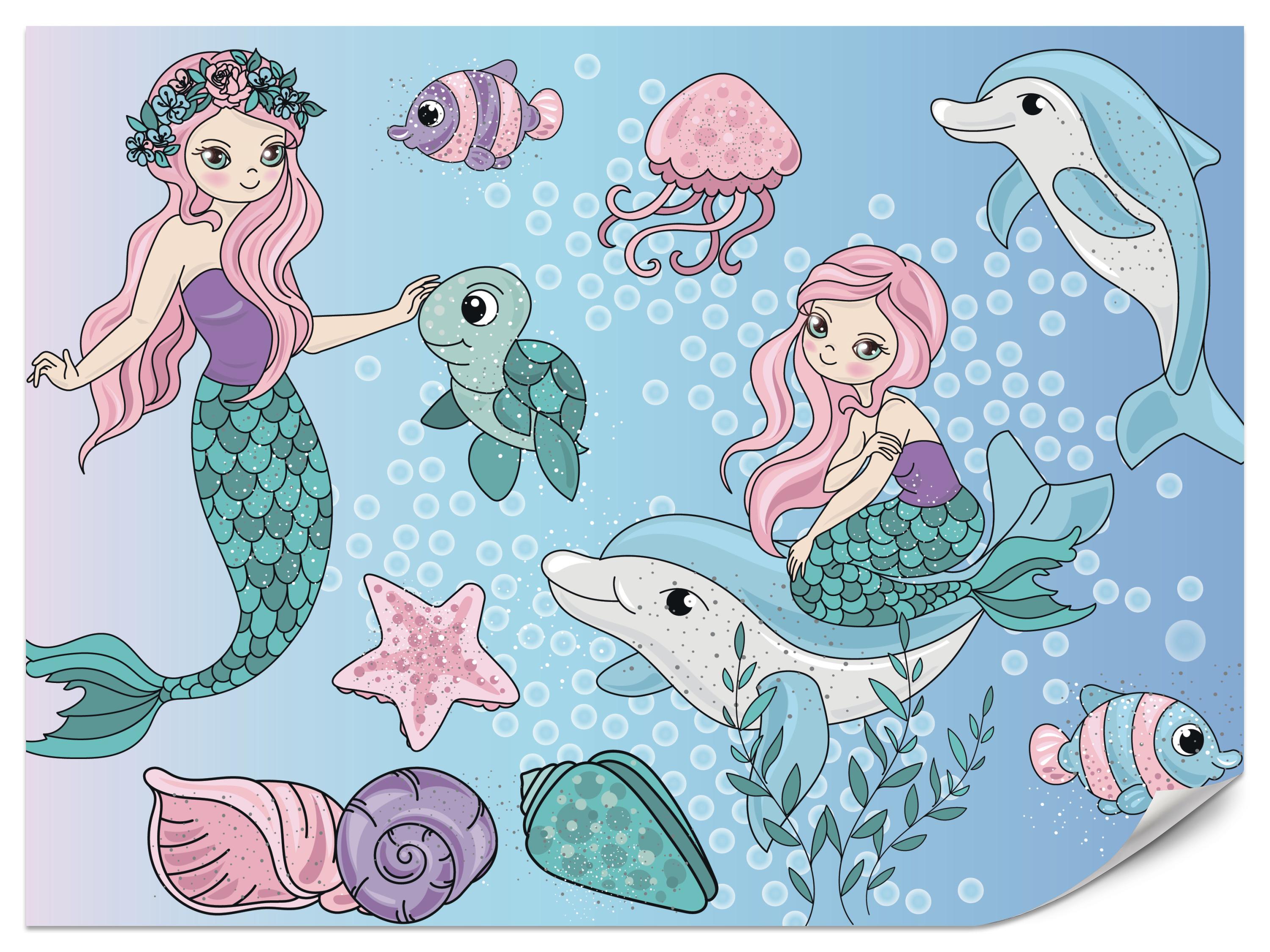 FOTOTAPETE für Kinderzimmer Meerjungfrauen Delfine Fische Muscheln Qualle Schildkröte 350x256 - Multicolor, Papier (350/256cm) - Muralo