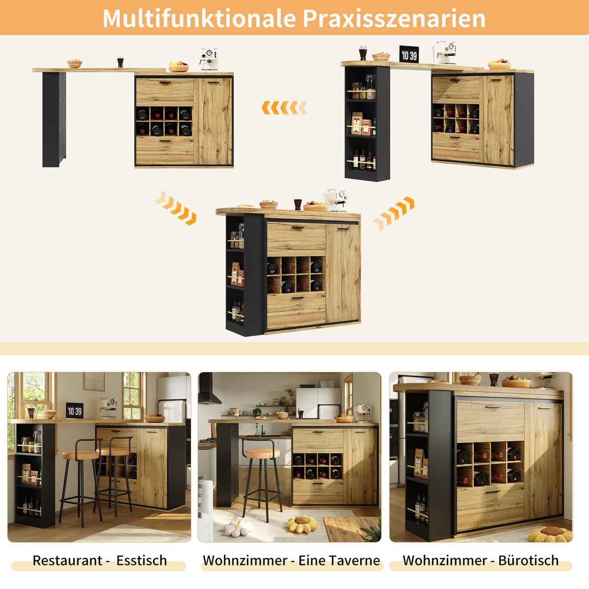 BARTISCH Ausziehbar 138-220cm Holzoptik mit Stauraum & Weinregal - Naturfarben, Holzwerkstoff (39/138/105cm) - Urban Meuble