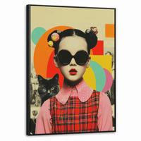 LEINWAND Bilder mit Rahmen - Mädchen - Sonnenbrille - Katze - Retro - 70x100 - Beige, Textil (70/100cm) - MuchoWow