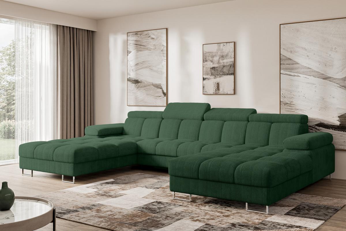 WOHNLANDSCHAFT mit Schlaffunktion und Bettkasten COMA U2 345x203x79 Grün Cord - Waldgrün, Holzwerkstoff/Textil (345/79/203cm) - ALTDECOR