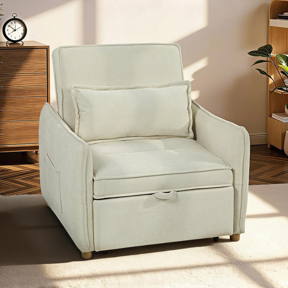 SCHLAFSESSEL Polyester Eukalyptusholz Cremeweiß - Eukalyptusholzfarben/Creme, Holz/Textil (84/87/88cm) - HOMCOM