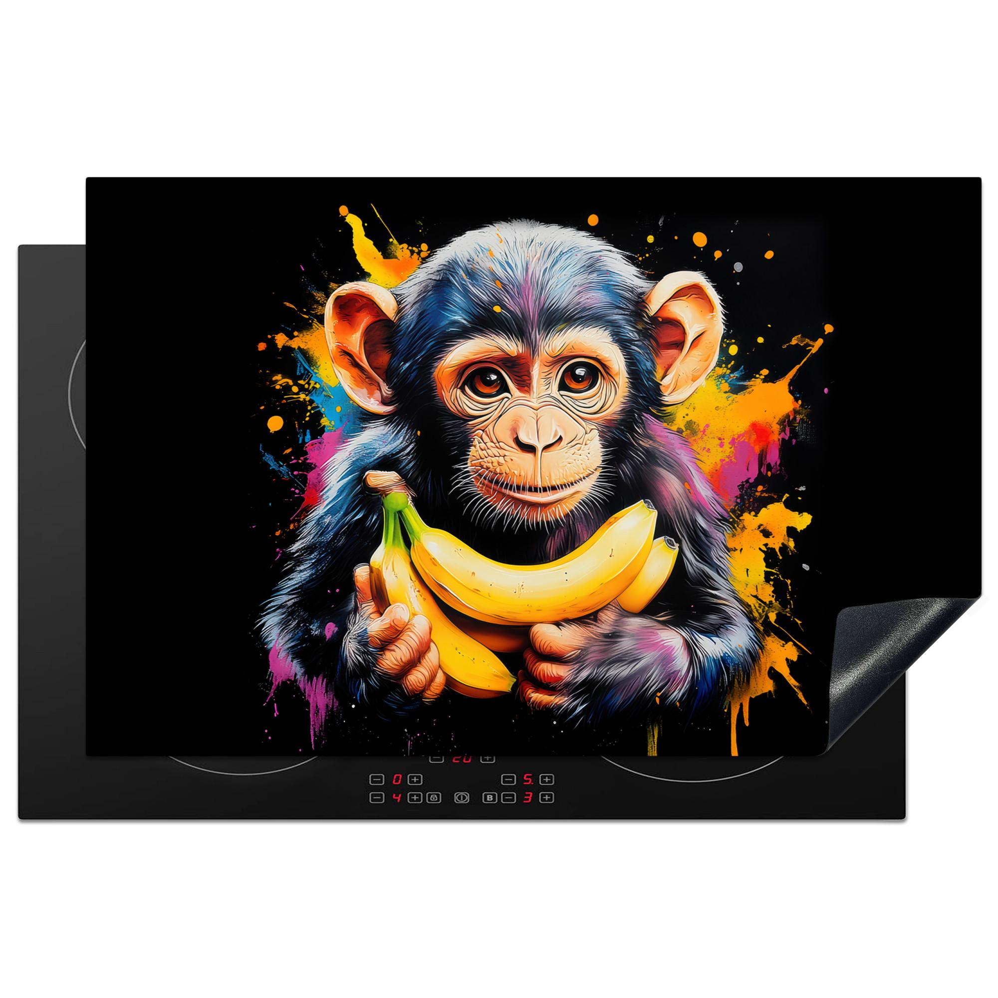 HERDABDECKPLATTE Affe - Graffiti - Farbenfroh - Bananen - Modern Induktionsschutz 80x52.2 cm - Gelb, Kunststoff (80.2/52.2/0.2cm) - MuchoWow