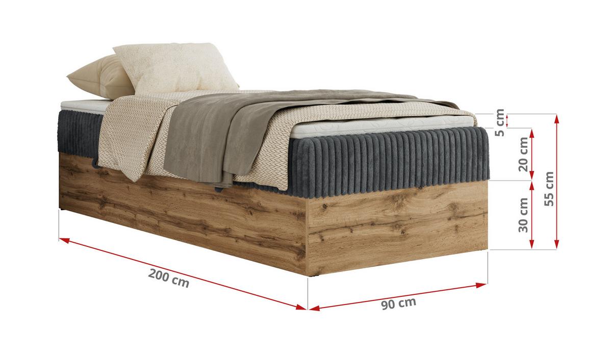 BOXBETT WOOD ZERO 90/200 - Grau Cord - H4 - Topper T25 - Grau, Textil (90/200cm) - MKS