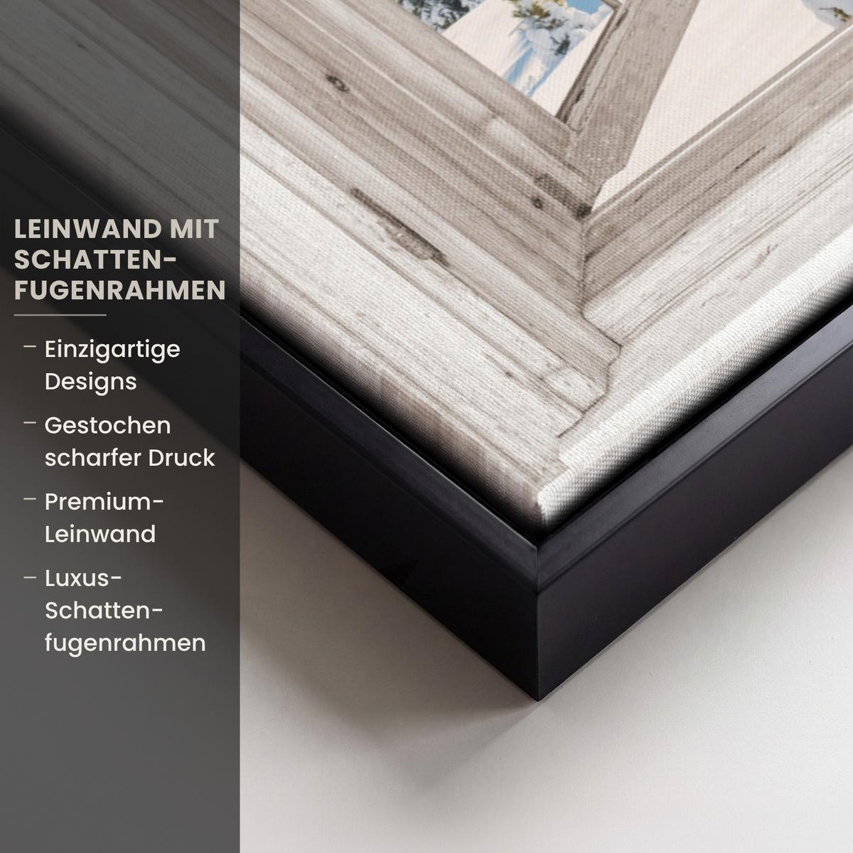 LEINWAND Bilder mit Rahmen - Winterlandschaft - Hütte - Berge - Ausblicke - Aussicht - Natur - 80x60 - Weiß Hochglanz, Textil (80/60cm) - MuchoWow