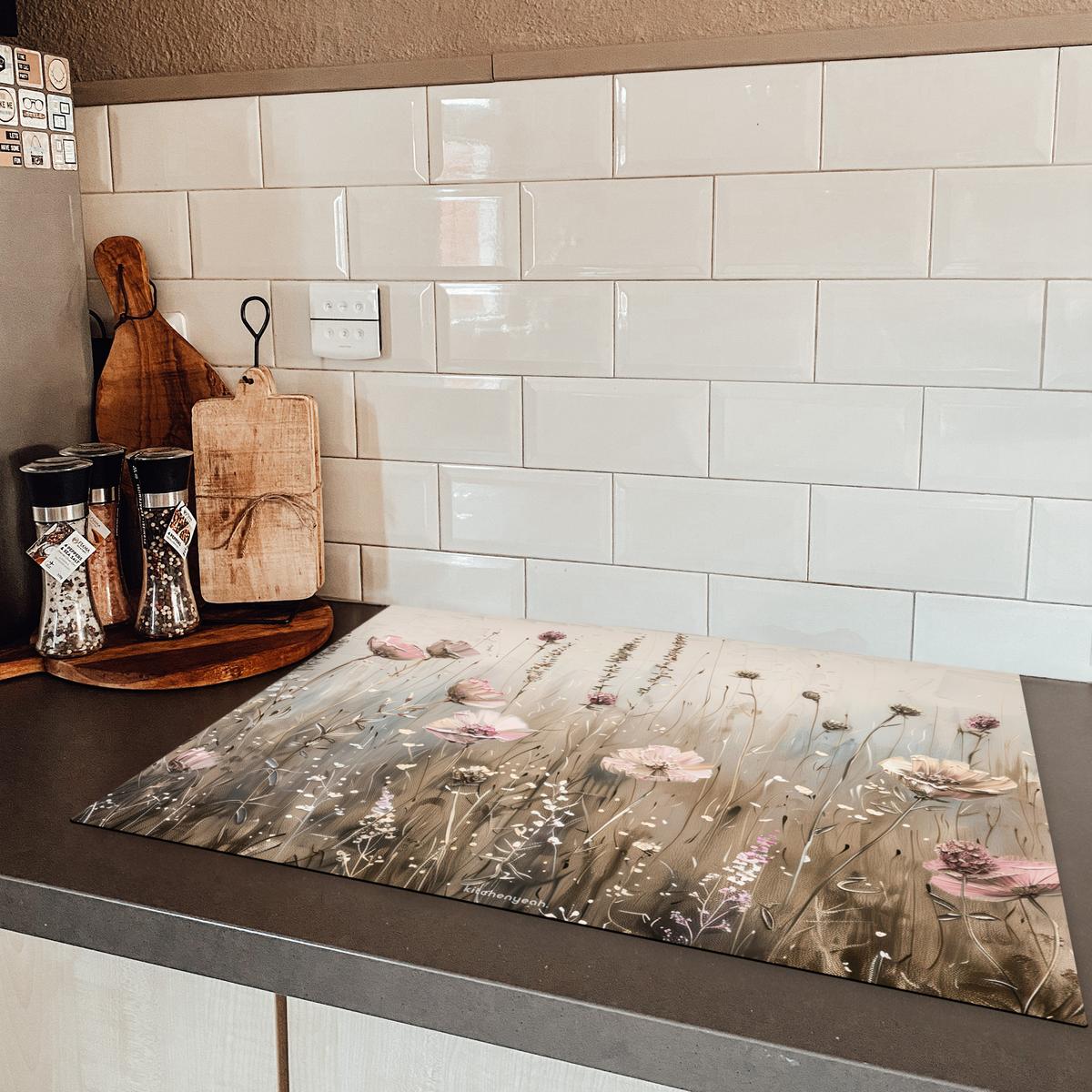 HERDABDECKPLATTE Blumen - Beige - Trockenblumen Herdabdeckung Induktionsfeld 75x52 cm - Beige, Kunststoff (75/52/0.2cm) - MuchoWow