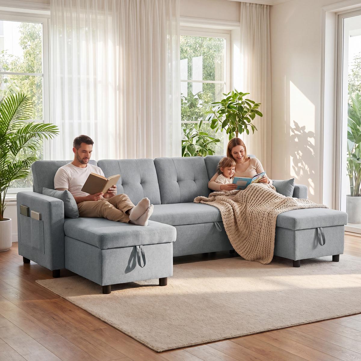 ECKSOFA Polyester Grau - Schwarz/Grau, Holz/Kunststoff (147/85/241cm) - HOMCOM