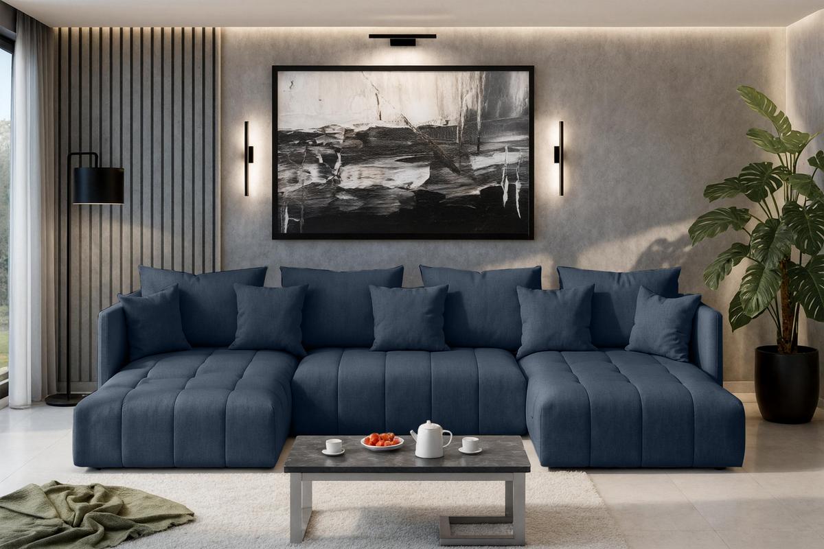 WOHNLANDSCHAFT Veliro U Blau 353/180/83 cm mit Schlaffunktion und Bettkasten - Blau/Schwarz, Kunststoff/Textil (353/83/180cm) - AX Living