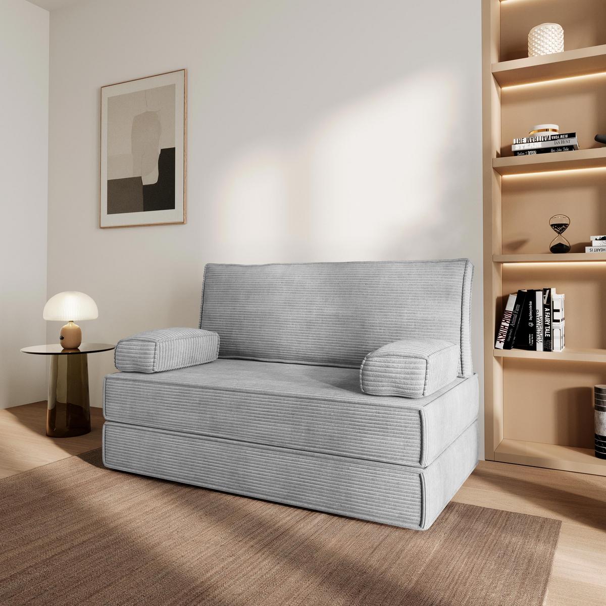 BETTSOFA LADIA aus Schaumstoff Kordstoff Hellgrau Schlaffunktion - Hellgrau, Textil (140/86/60cm) - MASSENO