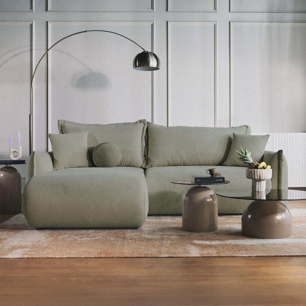 ECKSOFA Cushi Salbeigrün-Chenille - Schwarz/Hellgrün, Kunststoff/Textil (252/183cm) - Selsey