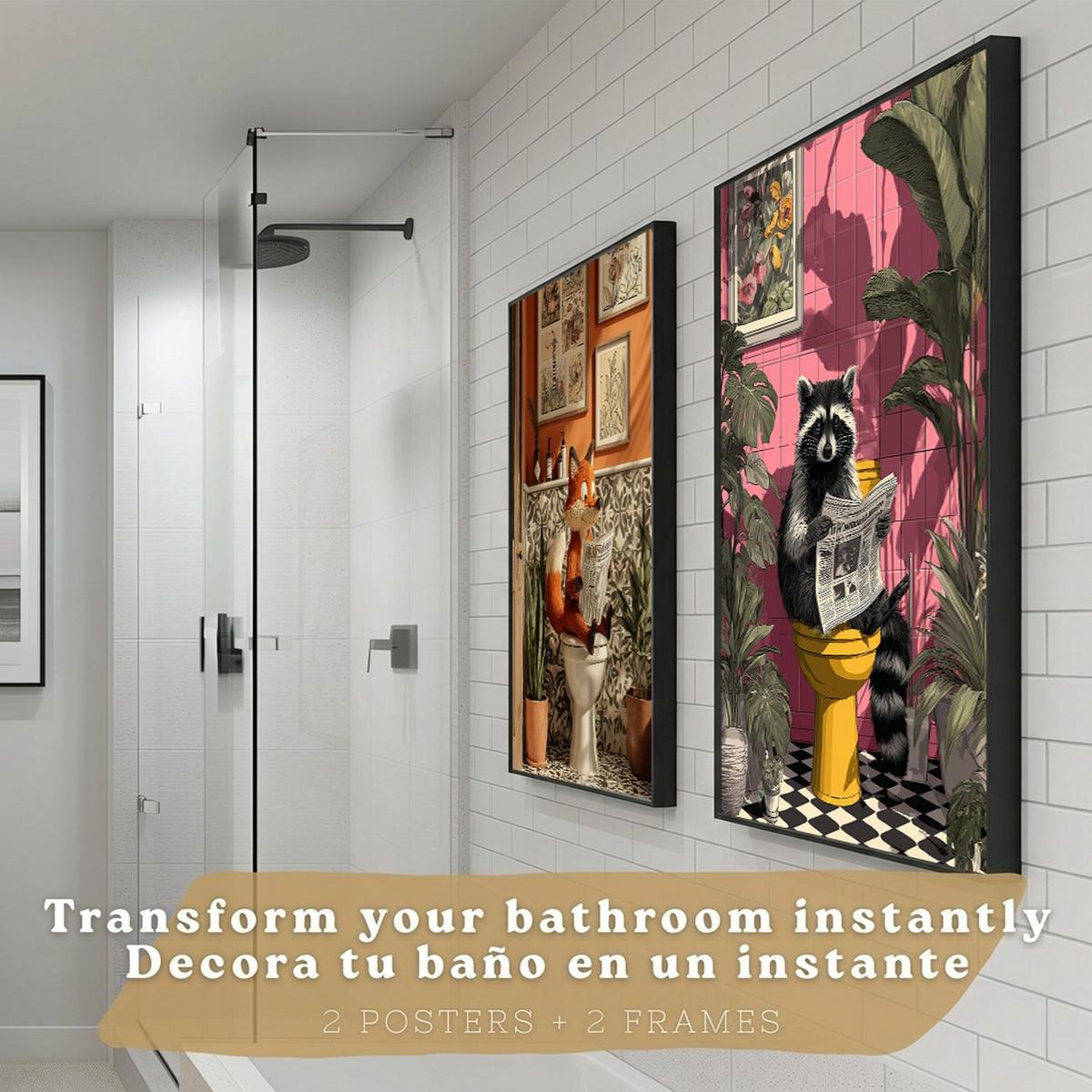 POSTER 2er-Set lustige Tierdrucke im Badezimmer, Fuchs und Waschbär-Dekorationsbilder im modernen Stil Schwarzer Rahmen A4 - Schwarz, Papier (29.7/21/3cm) - Nacnic