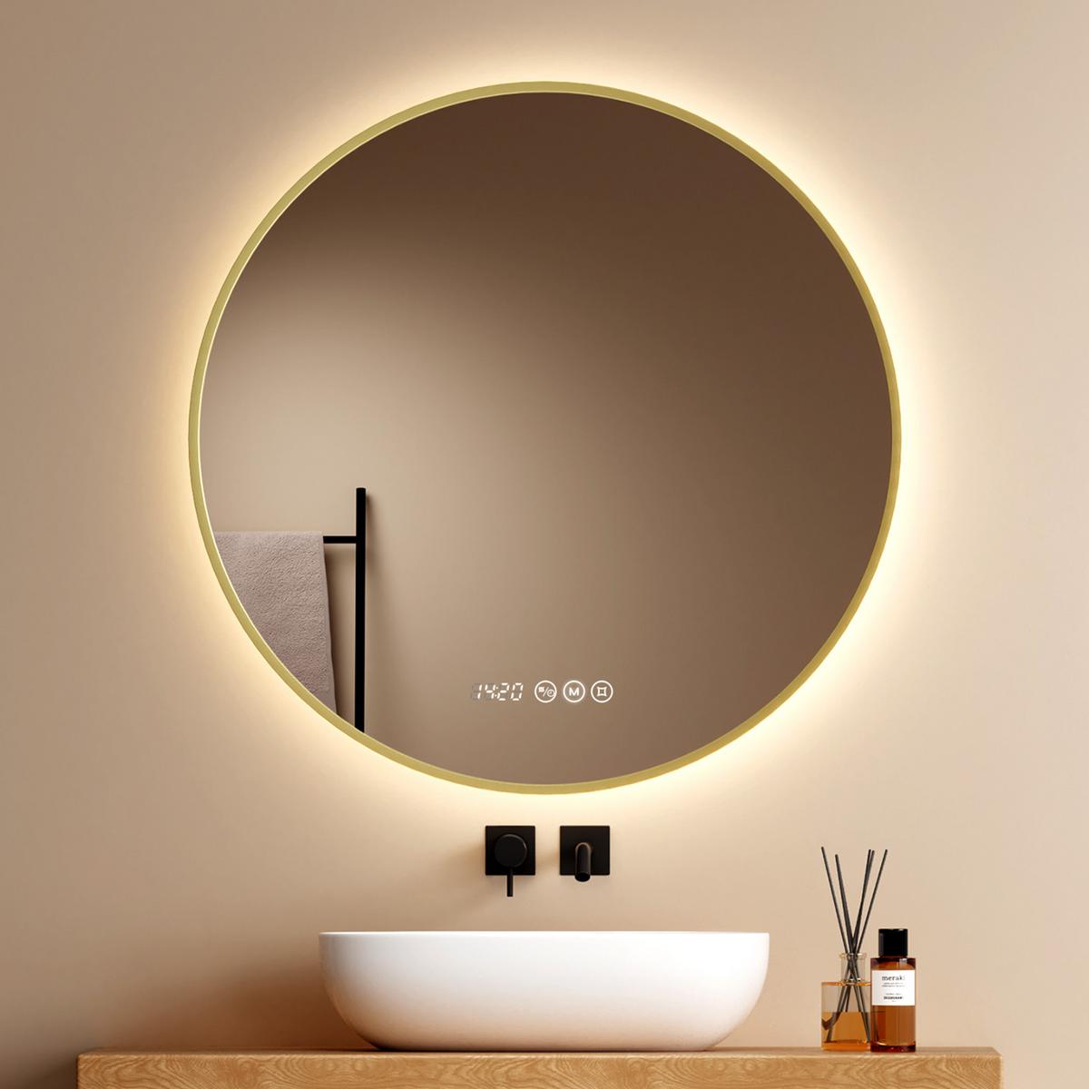 BADSPIEGEL mit LED-Beleuchtung, Anti-Beschlag-Funktion und Uhrzeitanzeige, Goldfarben, Ø 80 cm - Goldfarben, Glas (80/80/3.3cm) - EMKE
