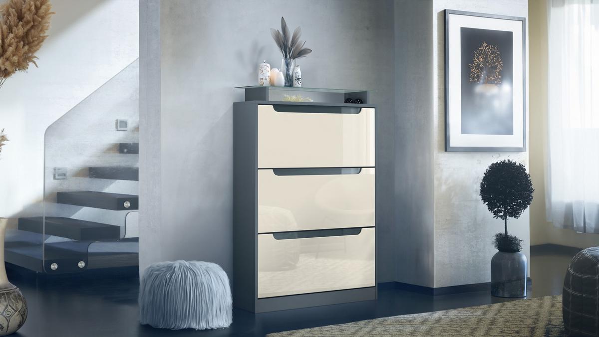 SCHUHSCHRANK Space Creme Hochglanz - Creme, Holzwerkstoff (89/128/23cm) - Vladon
